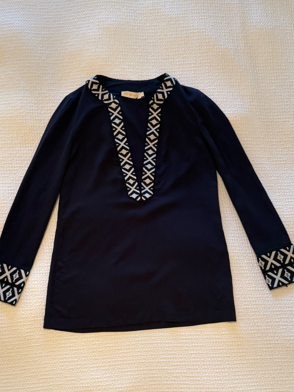 Tory Burch | Navy V-Neck Sweater | Cream Geometric Trim | Size = 0